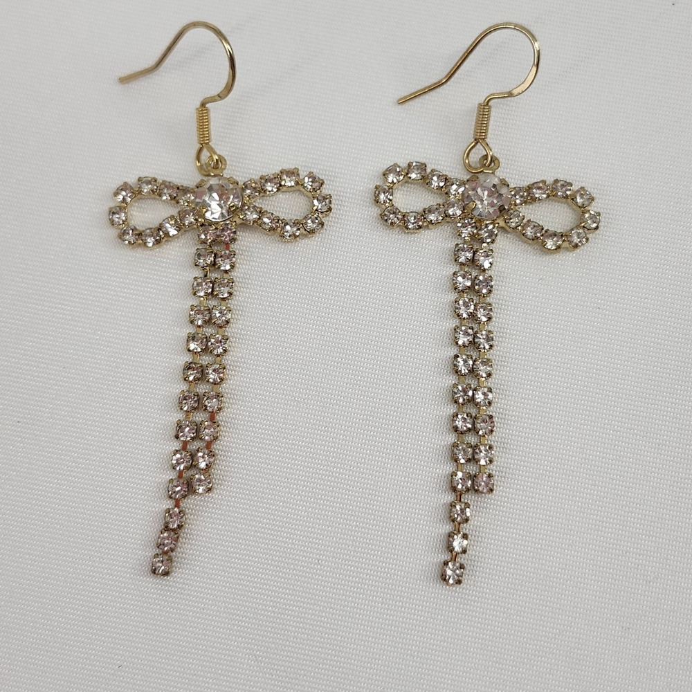Dainty Glam Rhinestone Bow Drop Earrings Prom Hoco Gold Tone Dangle Sparkle